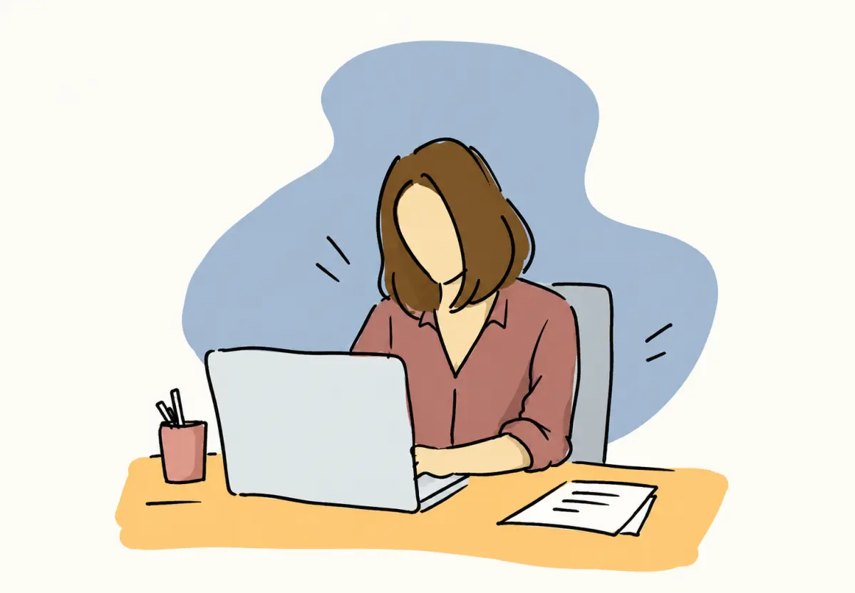 Ilustración: una mujer trabaja sola con su portátil en una mesa.