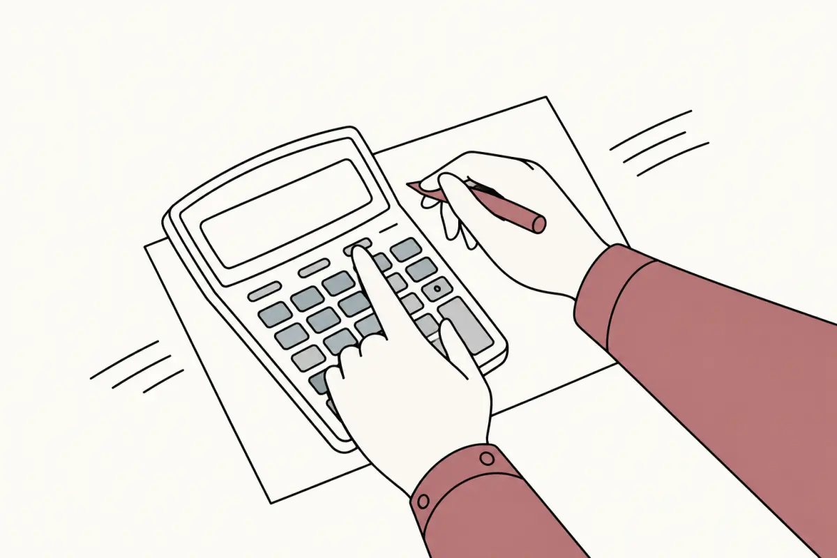 Ilustración: unas manos hacen cuentas con una calculadora y apuntan el resultado en una hoja.