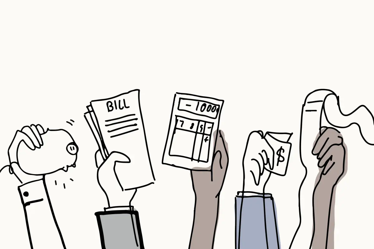 Ilustración: varias manos levantan una hucha, un recibo, una calculadora, billetes y un tique largo.