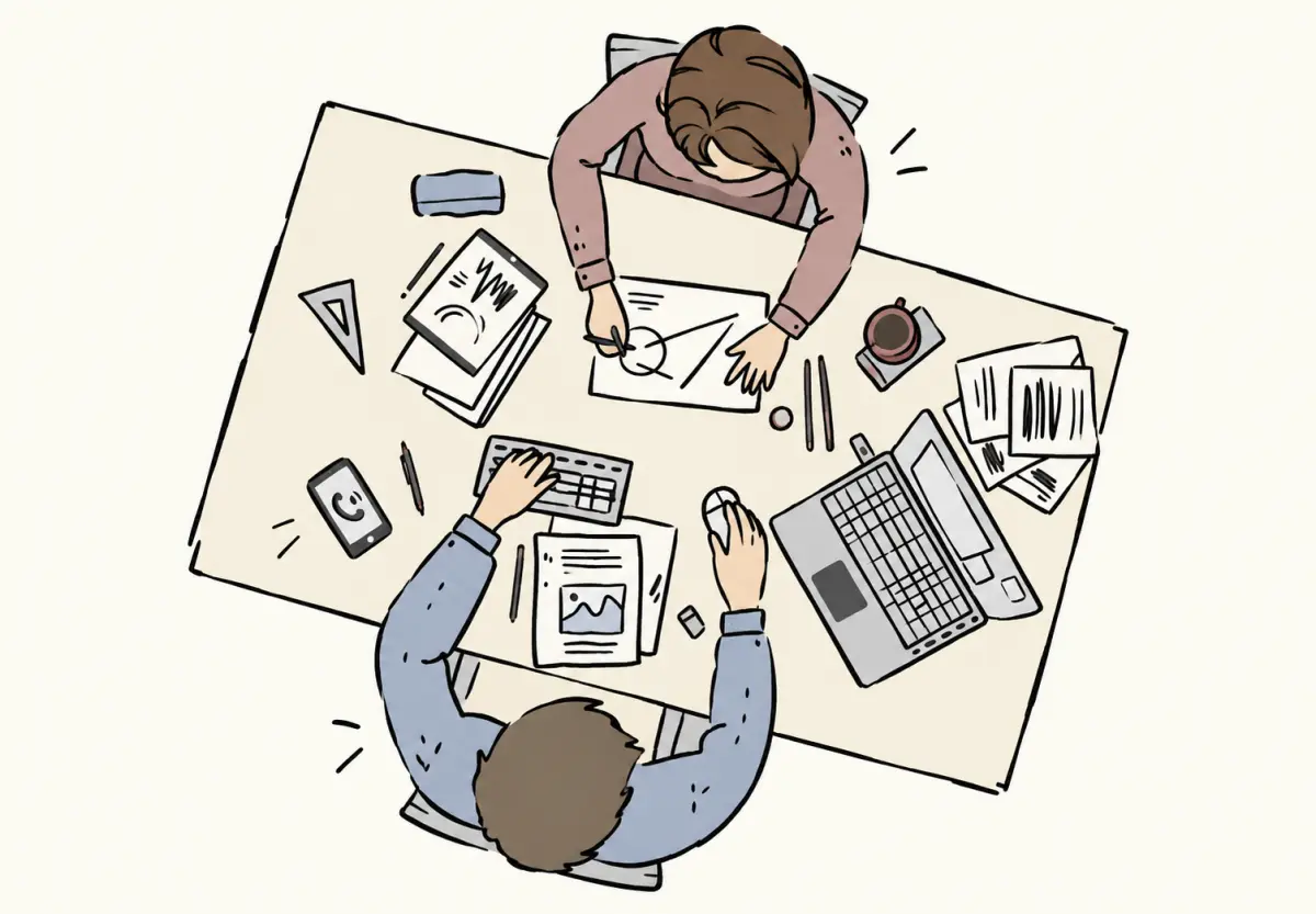 Ilustración vista desde arriba: dos personas trabajan frente a frente en una mesa con papeles, un portátil y un teléfono.