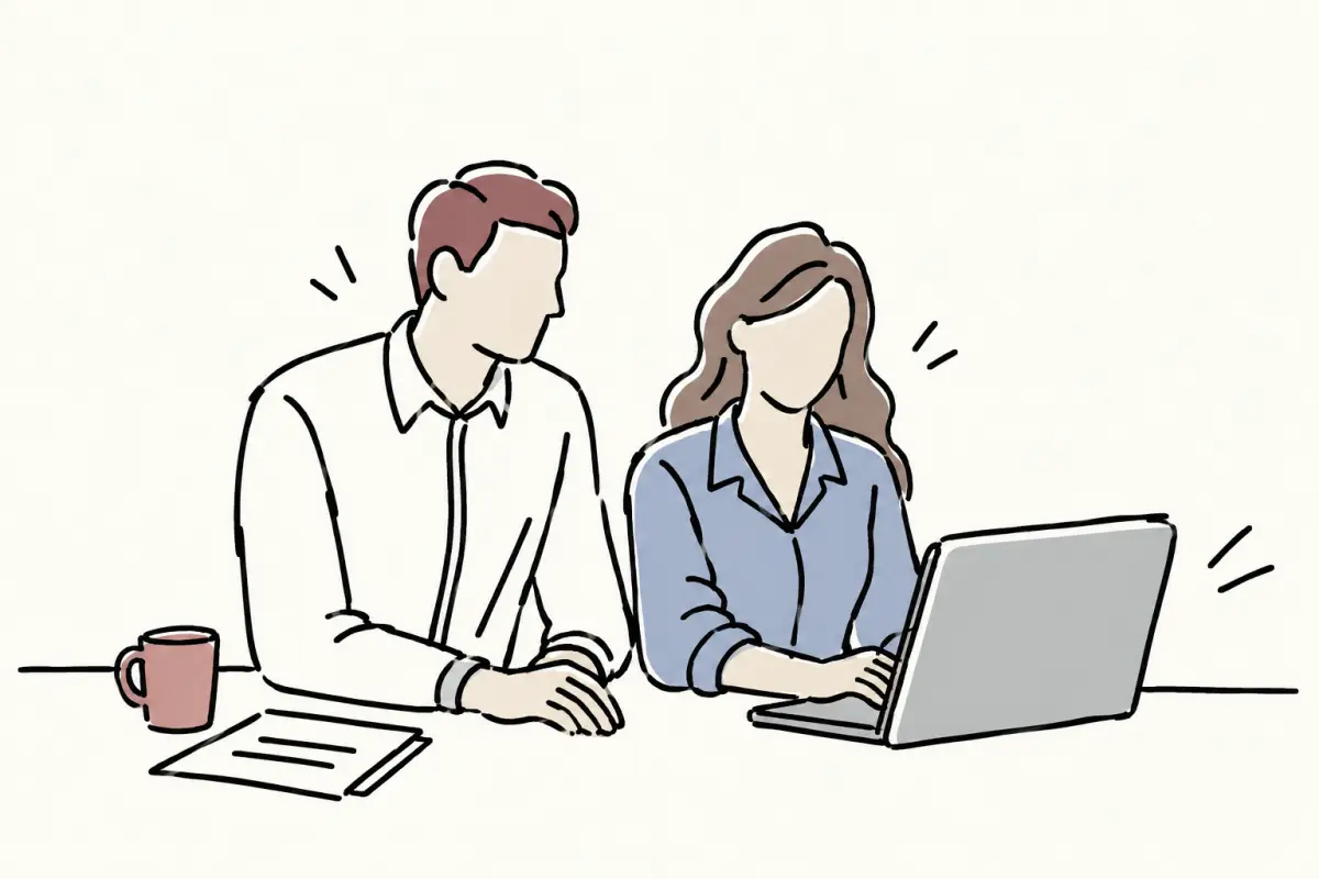 Ilustración: dos personas revisan juntas unos documentos en el portátil.